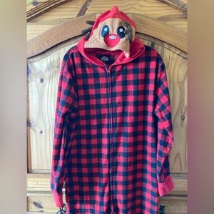PJ’s & Presents red black reindeer one piece hooded pajamas size M